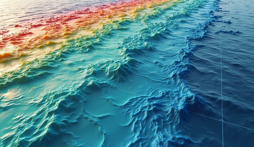 High-resolution 3D topographical map of ocean waves, visualizing sea surface elevation and currents using a color-coded heatmap. This marine chart is designed for offshore engineering, oceanographic research, and subsea infrastructure planning.