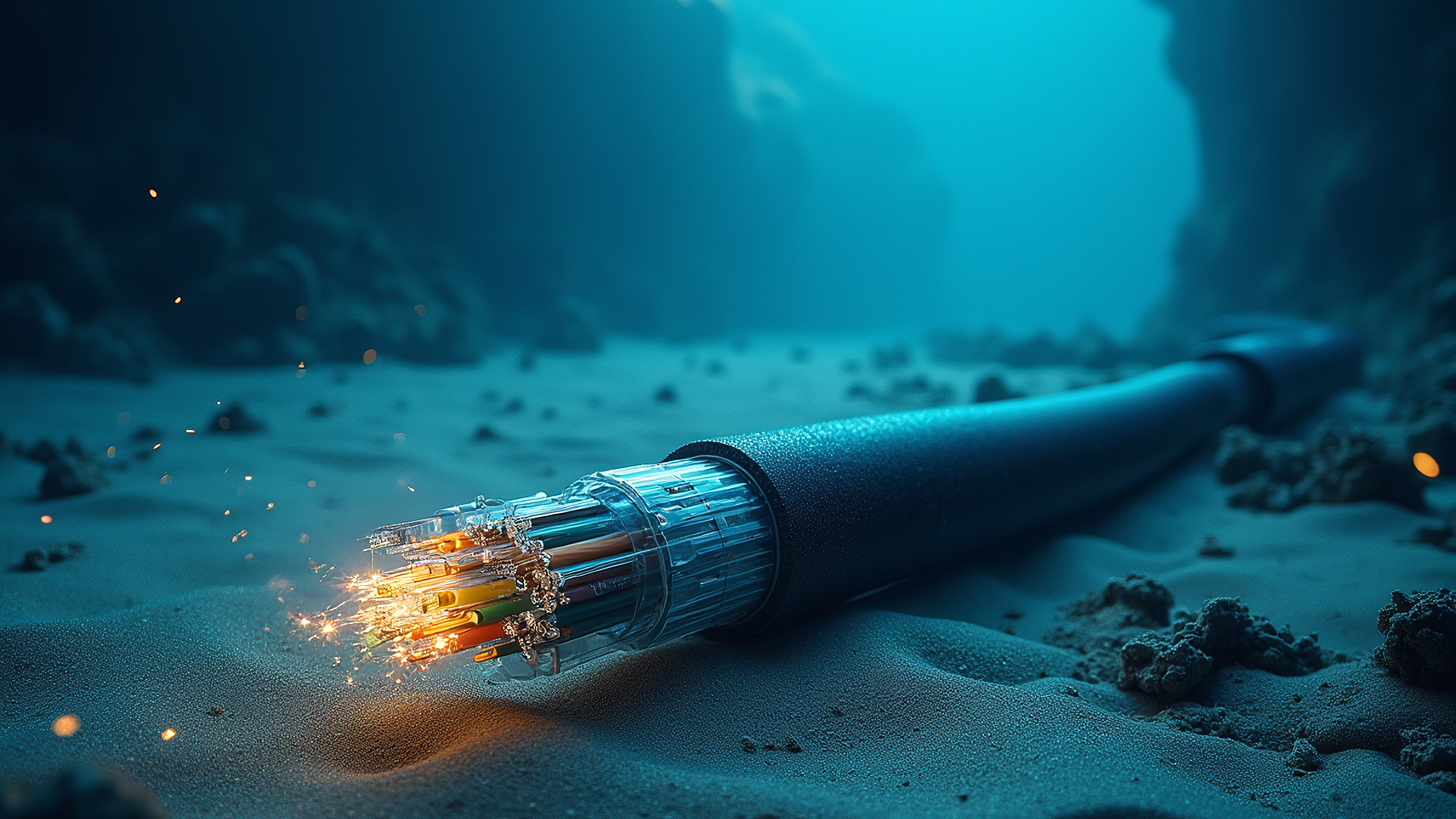 A black fiber optic communication cable resting on the ocean floor, illustrating subsea data transmission technology and GPA Technologies' expertise in underwater infrastructure and marine telecommunications.