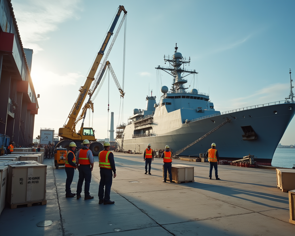 Naval engineers and workers unloading equipment near a docked U.S. Navy ship with a crane.