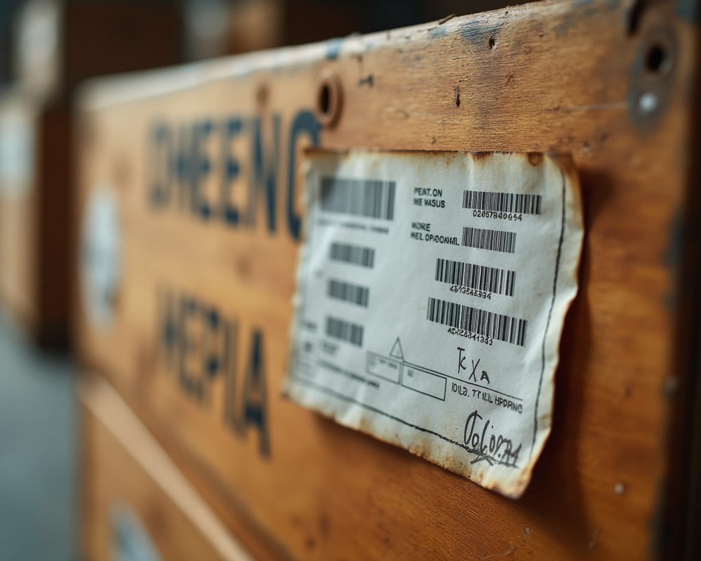 Close-up of a labeled wooden shipping crate with barcodes and tracking information.