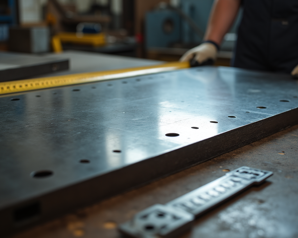 Close-up of a metal sheet with precision-cut holes in an engineering workshop.
