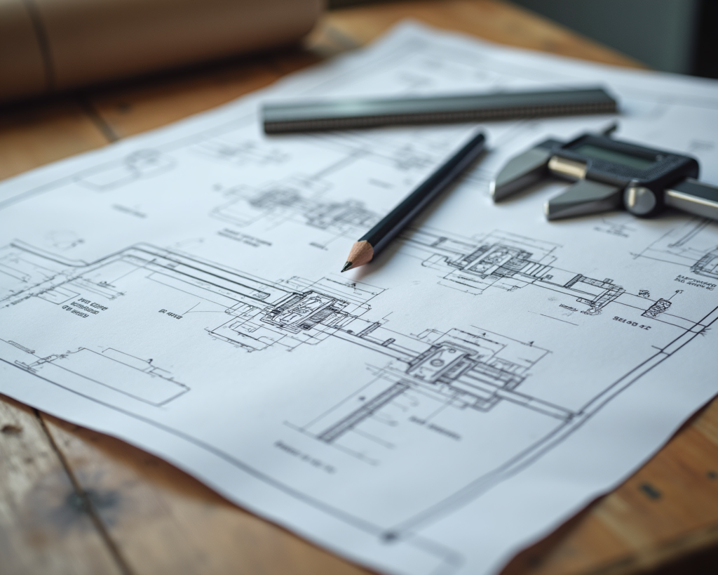 Detailed technical blueprint with calipers and a pencil on a wooden desk.